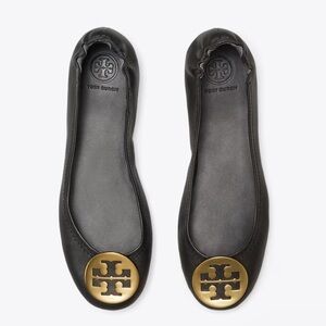 Tory Burch Minnie Travel Black Leather Scrunch Heel Gold Logo Ballet Flats 8.5